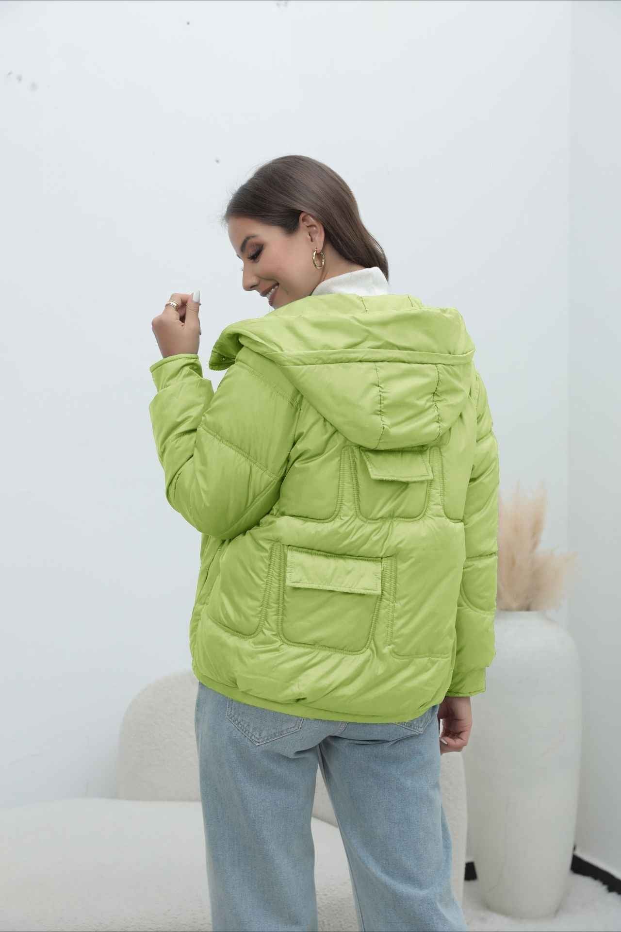 Quilted Hooded Jacket with High Collar and Drawstring Hem