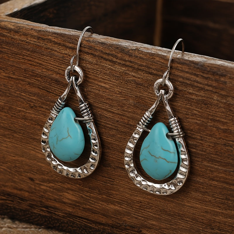 Brincos Vintage Retro com Pendente Gota de Água de Turquesa