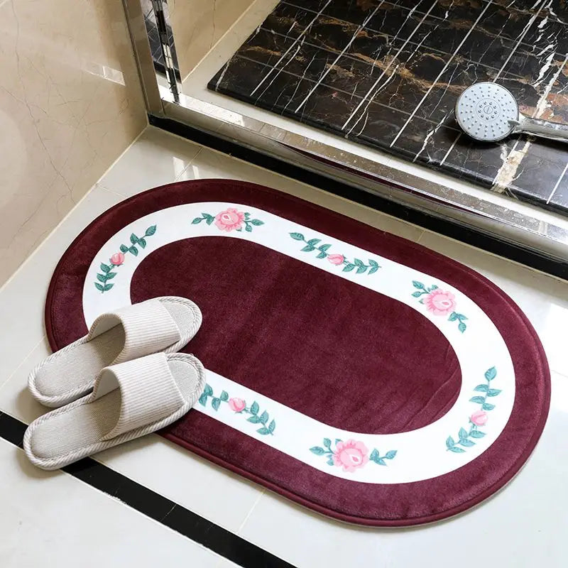 Pastoral Floral Polyester Bathroom Mat – Absorbent, Non-Slip, Oval, 40x60cm