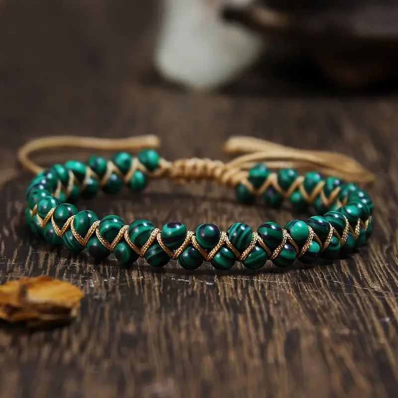 Malachite-Pattern Green Bead Bracelet with Gold-Tone Weave