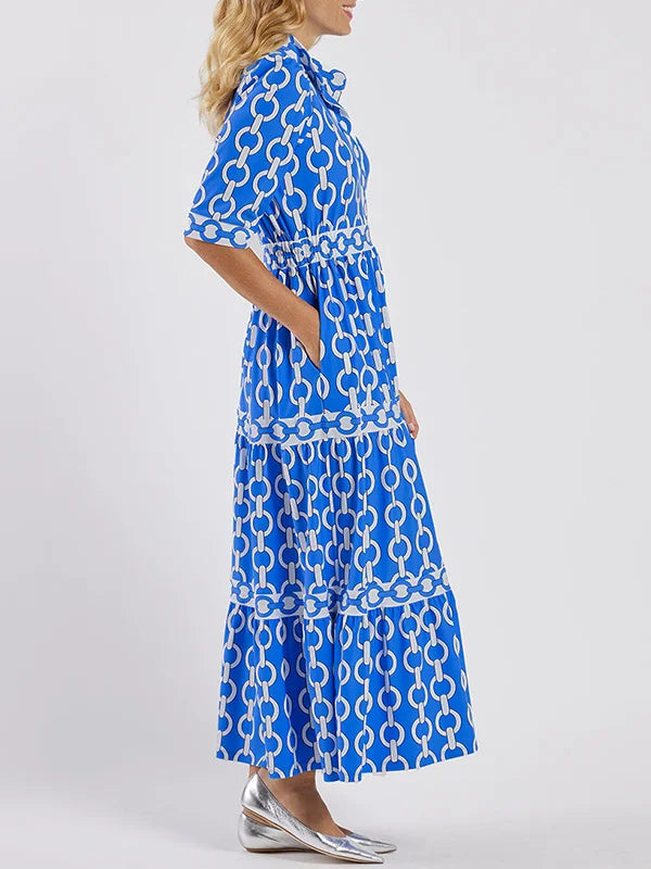 Chain-Link Print Blouson Sleeve Tiered Maxi Dress