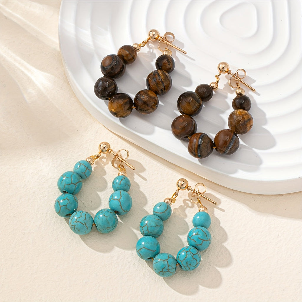 Boho Stone Bead Gold-Plated Hoop Earrings