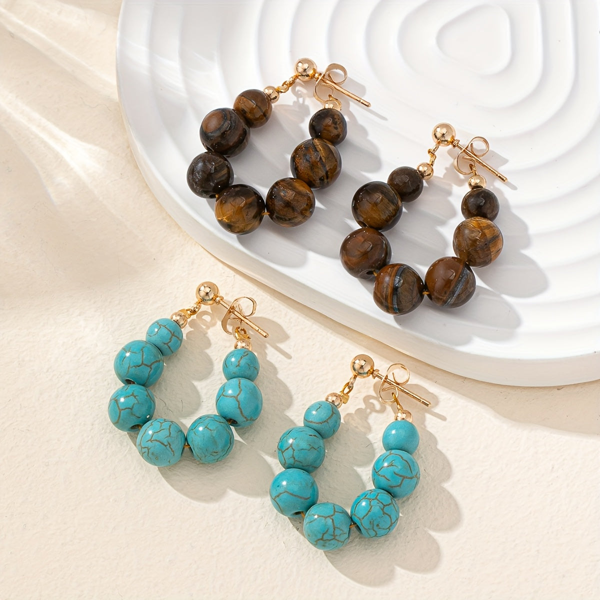 Boho Stone Bead Gold-Plated Hoop Earrings