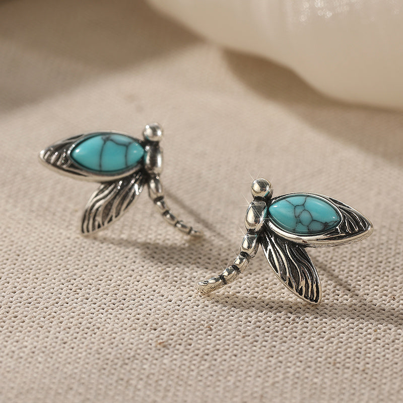 Vintage Turquoise Dragonfly Silver-Plated Stud Earrings