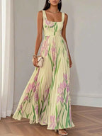 Geplooide chiffon maxi-jurk met vierkante hals en A-lijn rok
