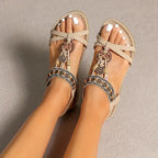 Beaded Flat T-Strap Sandals with Patterned Footbed