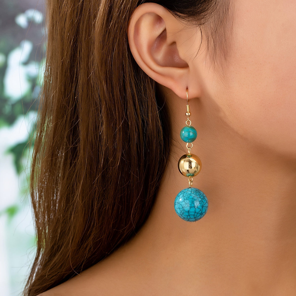 Vintage-Style Boho Turquoise Bead Earrings with Gold-Tone Accents