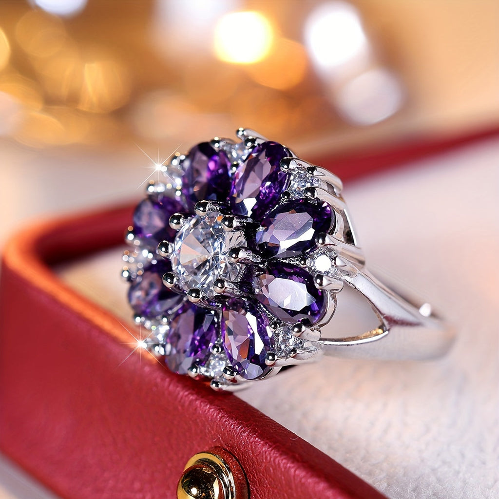 Purple Zirconia Flower Ring