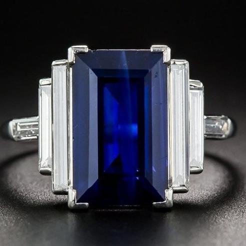 Vintage-Style Blue Rectangular Glass Silver-Tone Ring