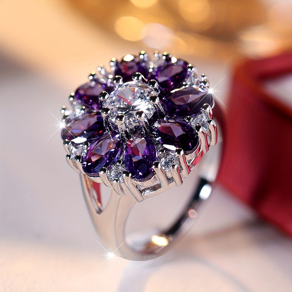 Purple Zirconia Flower Ring