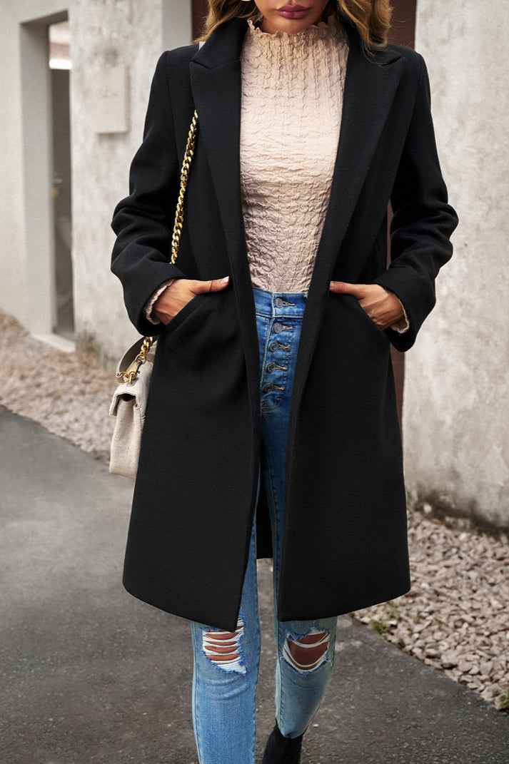 Solid Colour Longline Coat with Notched Collar and Buttons