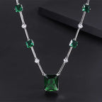 Green Stone Station Necklace and Earrings Set in White Gold Tone