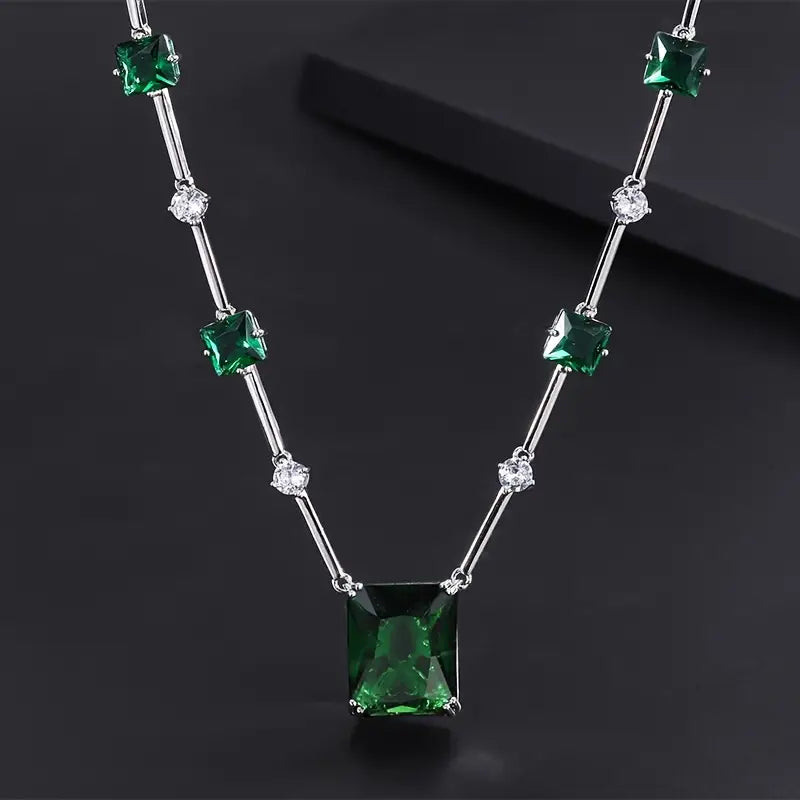 Green Stone Station Necklace and Earrings Set in White Gold Tone