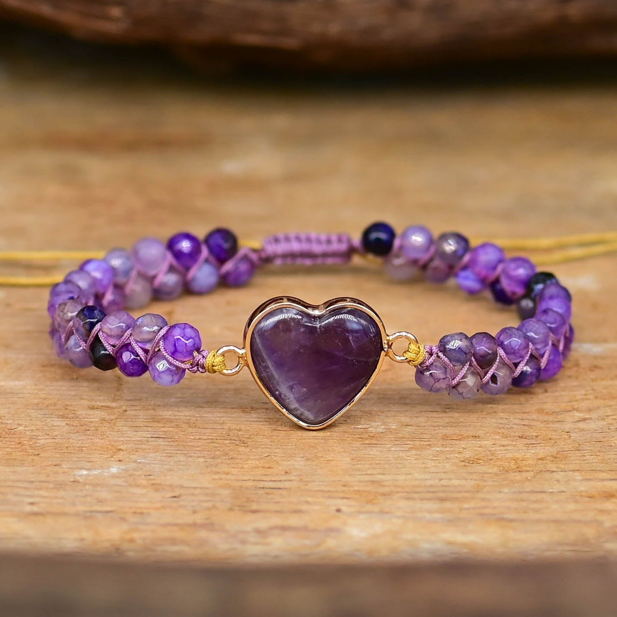 Amethyst Bead Bracelet with Heart Stone