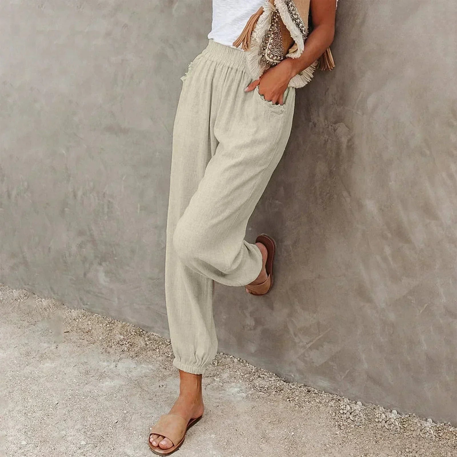 Cuffed Trousers in Linen with Elastic Waist