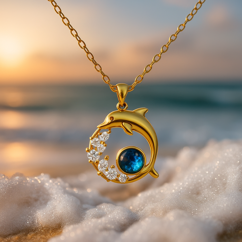 Goudkleurige dolfijnketting met blauw kristal