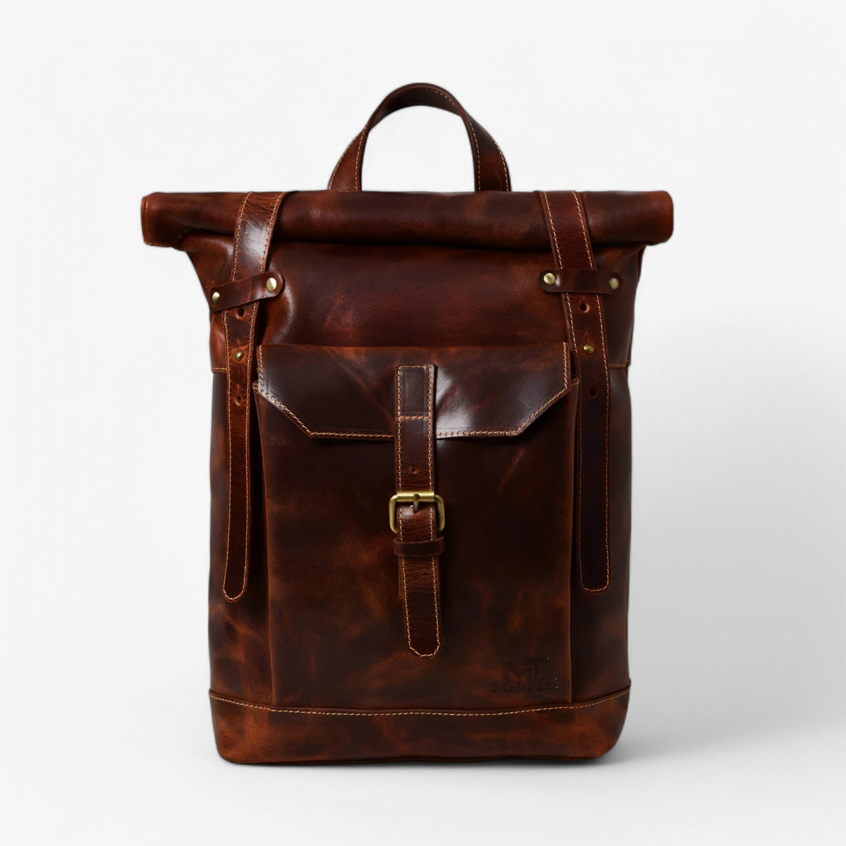 Rugged Full-Grain Cowhide Leather Roll-Top Backpack