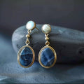 Blue Stone Teardrop Earrings with Pearl Top
