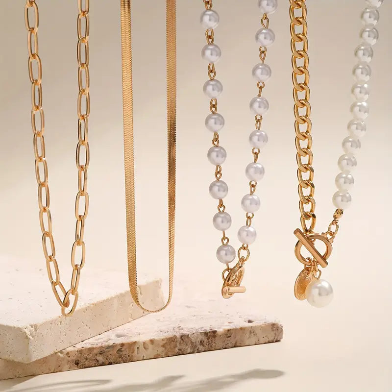 Vintage-Style Pearl and Snake Chain Necklace Set in Gold Tone