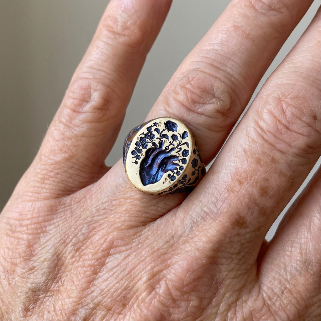 Vintage-Style Hand-Engraved Blue Floral Gold-Tone Ring