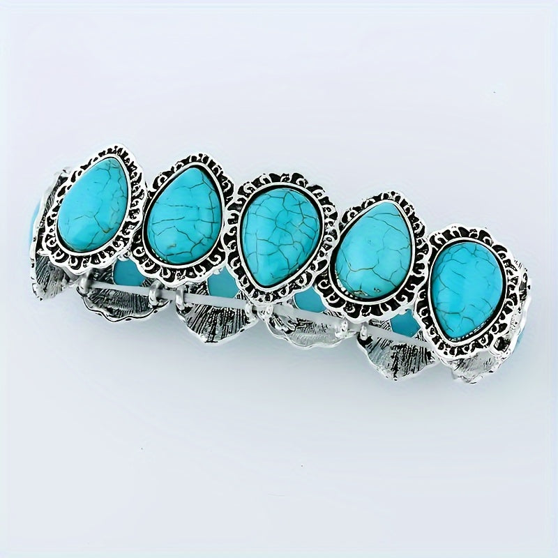 Vintage-Style Oval Turquoise Silver-Plated Statement Bracelet