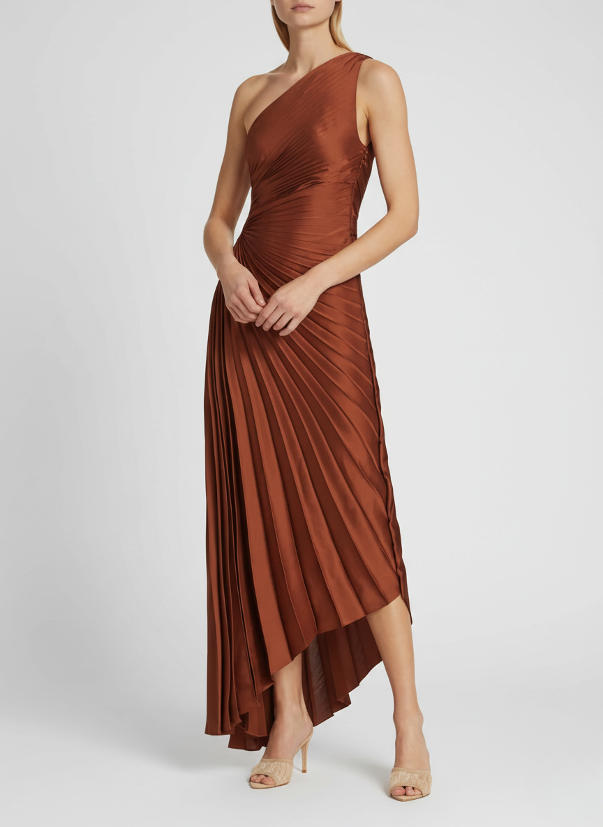 One-Shoulder Pleated Asymmetric Hem Maxi Dress