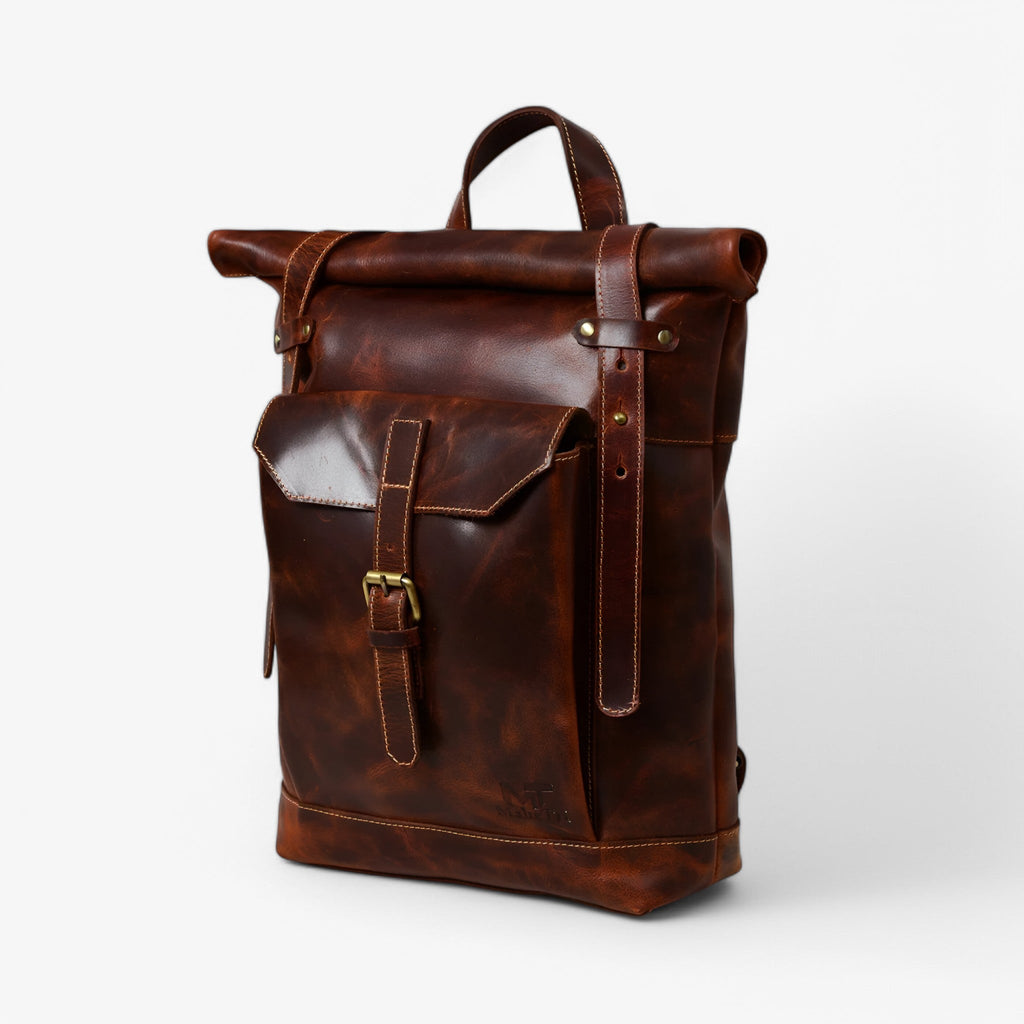 Rugged Full-Grain Cowhide Leather Roll-Top Backpack