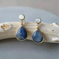 Blue Inlaid Drop Stone and Pearl Earrings