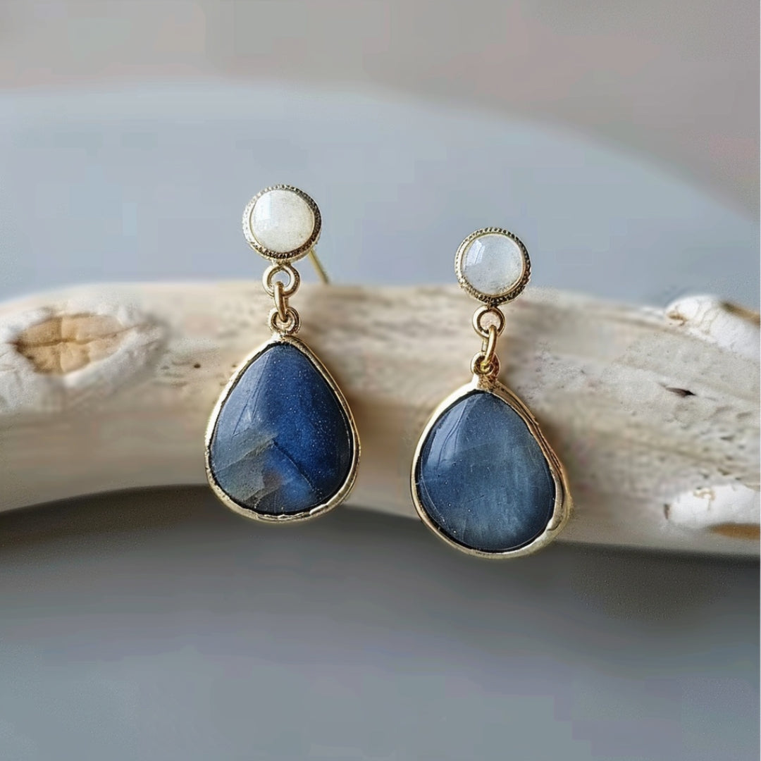 Blue Inlaid Drop Stone and Pearl Earrings