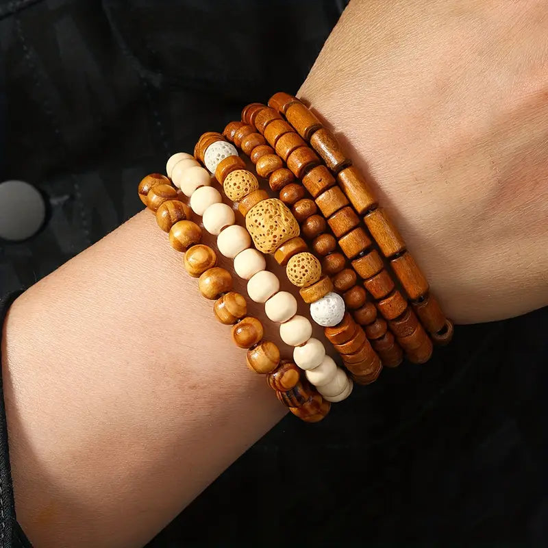 Houten kralenarmband in warme tinten