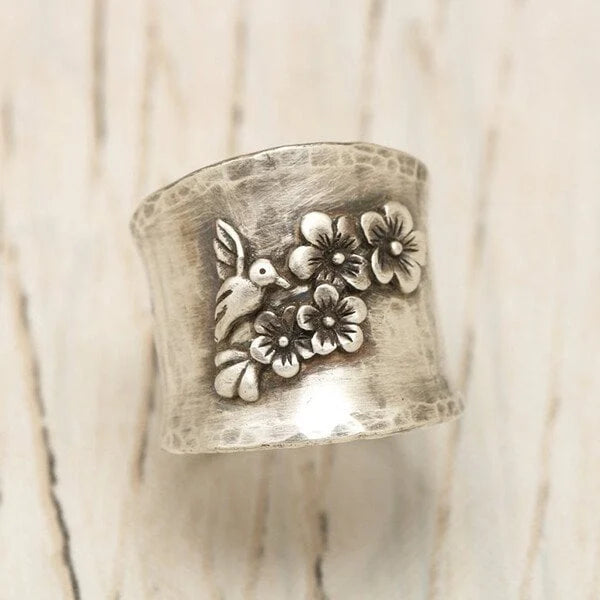 Bird and Flower Wide Band Ring