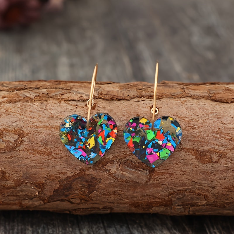 Vintage Resin Glitter Heart Pendant Earrings