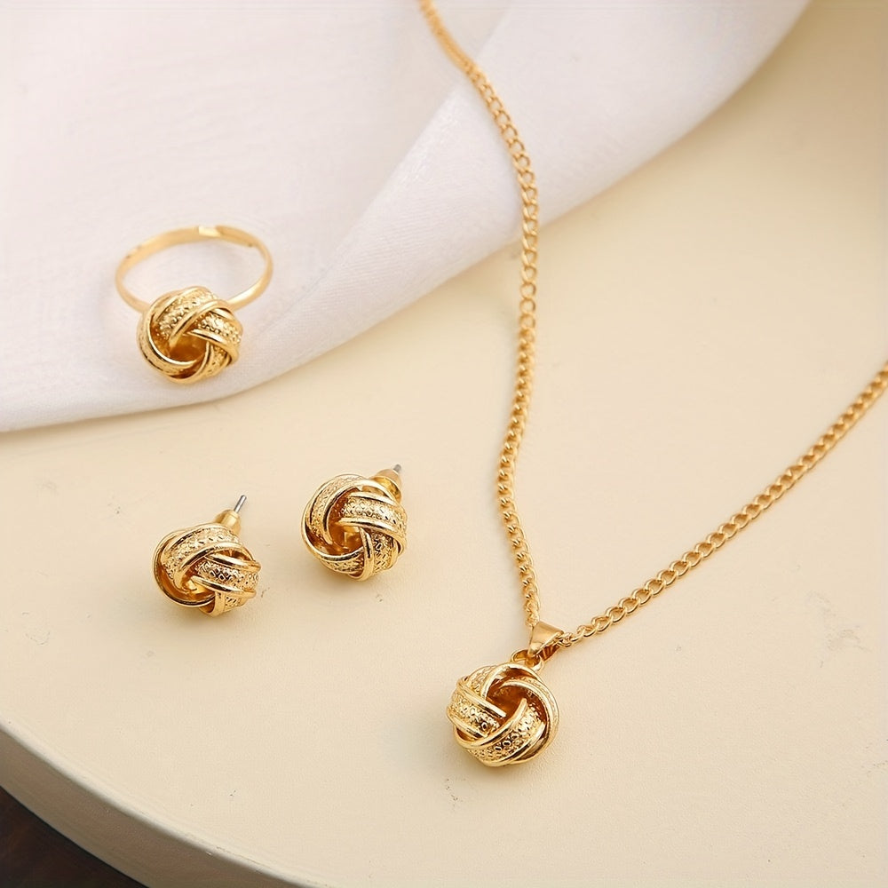 Hollow Knotted 3D Round Ring, Earrings and Necklace Set