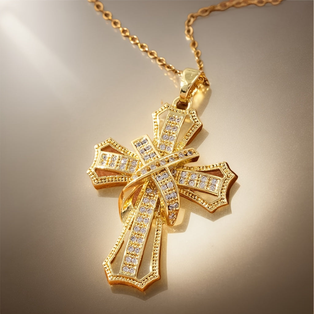 Radiant Cross Pendant Necklace in Gold Tone