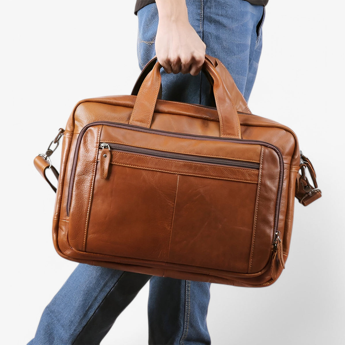 Handcrafted Full-Grain Leather Laptop Bag with Shoulder Strap