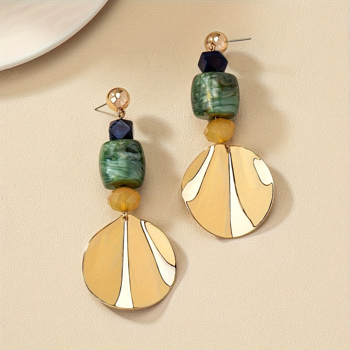 Shell Disc and Green Stone Statement Drop Earrings