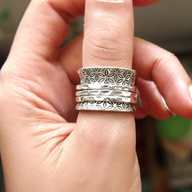 Vintage-Style Boho Floral Wide Silver-Plated Ring