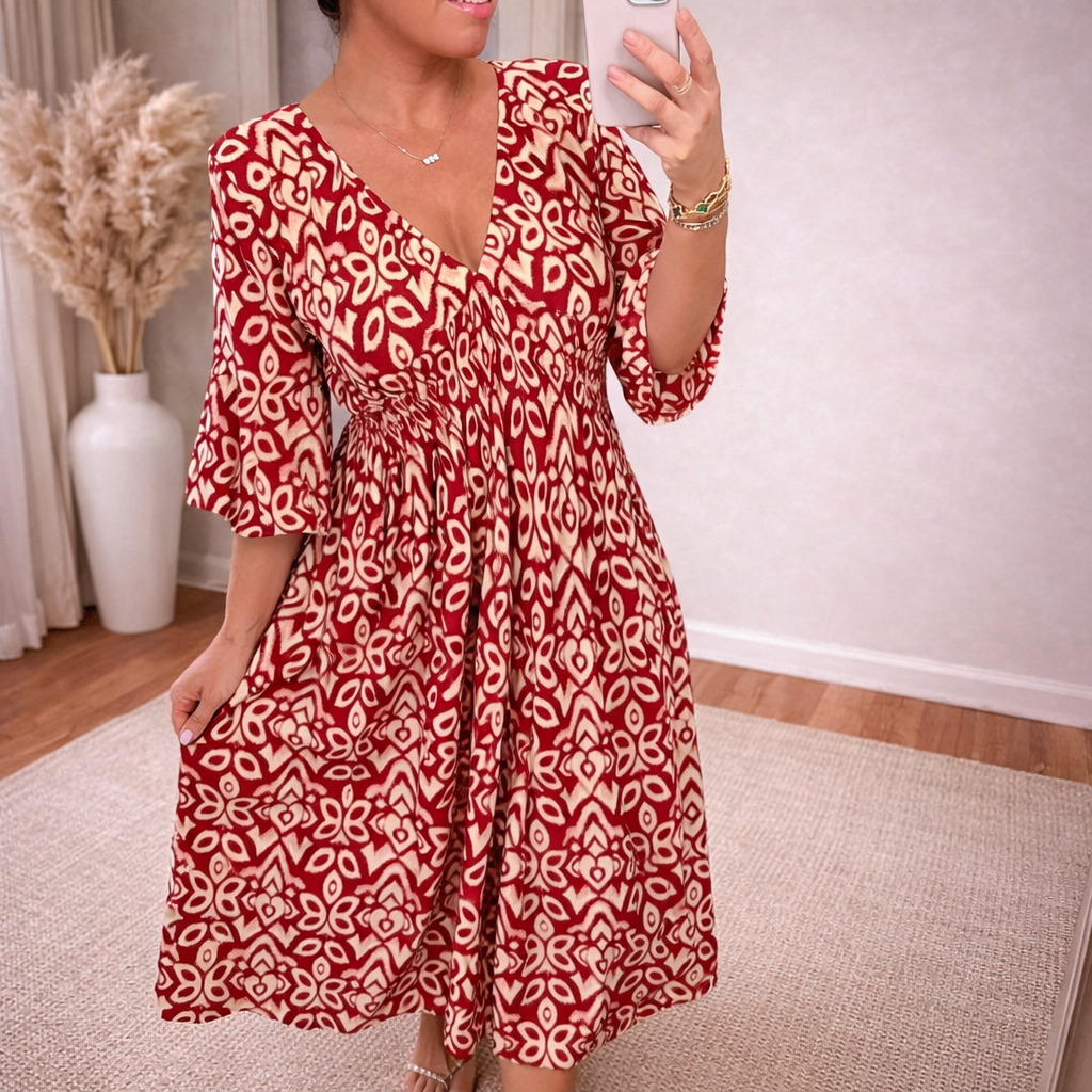 A-Line Three-Quarter Sleeve V-Neck Maxi Dress