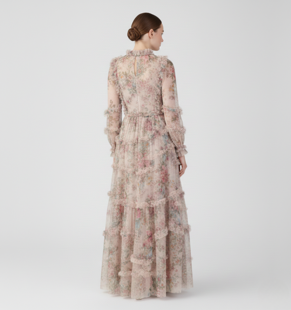Floral Mock Neck Sheer Long Sleeve Maxi Dress