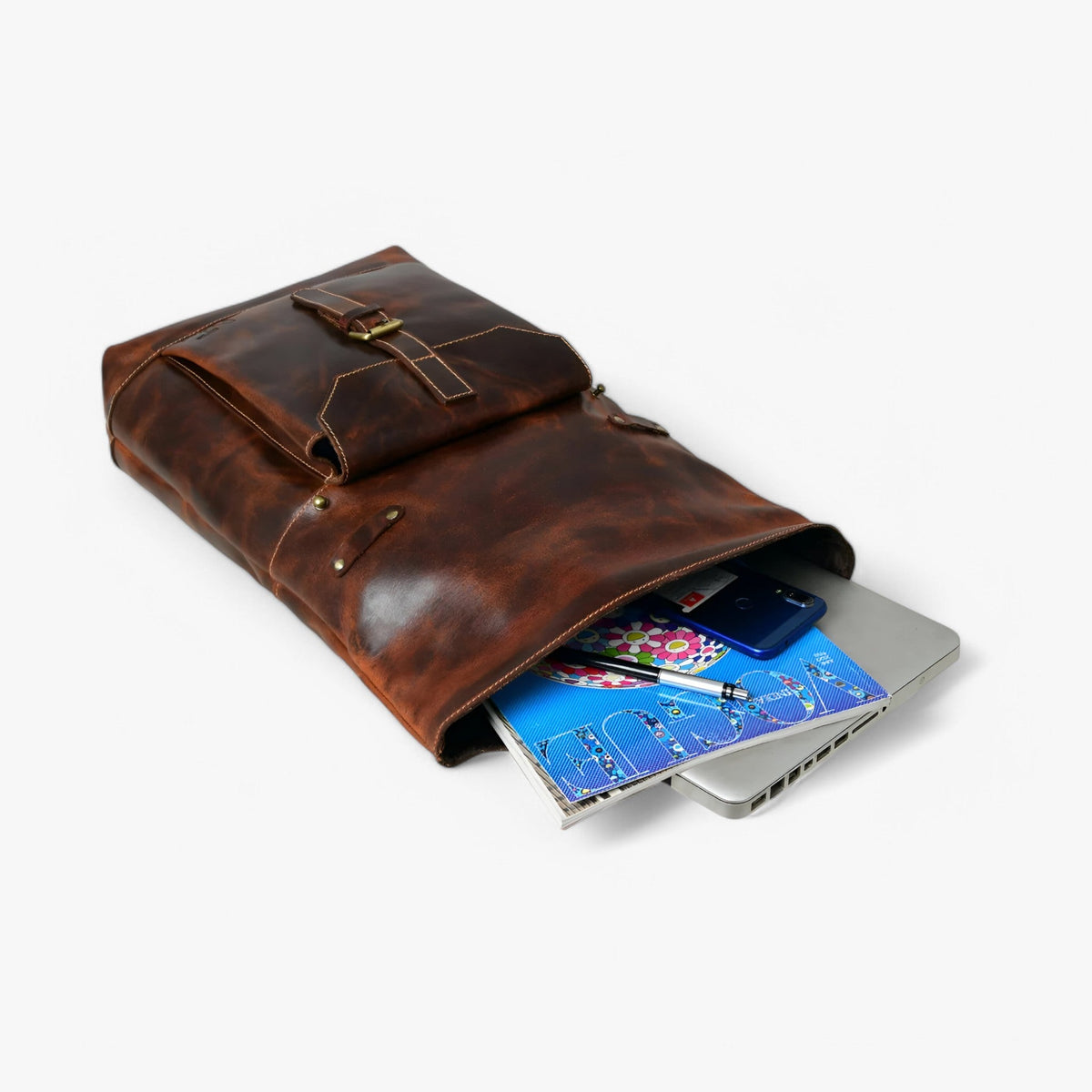 Rugged Full-Grain Cowhide Leather Roll-Top Backpack