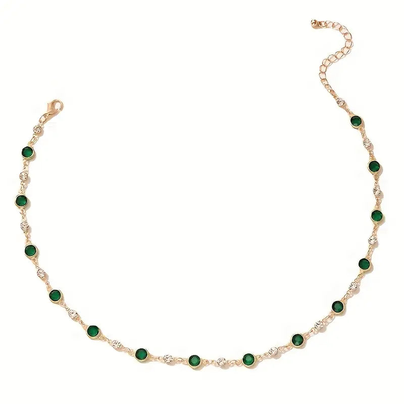 Green Stone Station Chain Necklace in Gold Tone