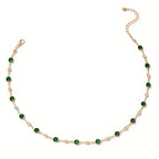 Green Stone Station Chain Necklace in Gold Tone