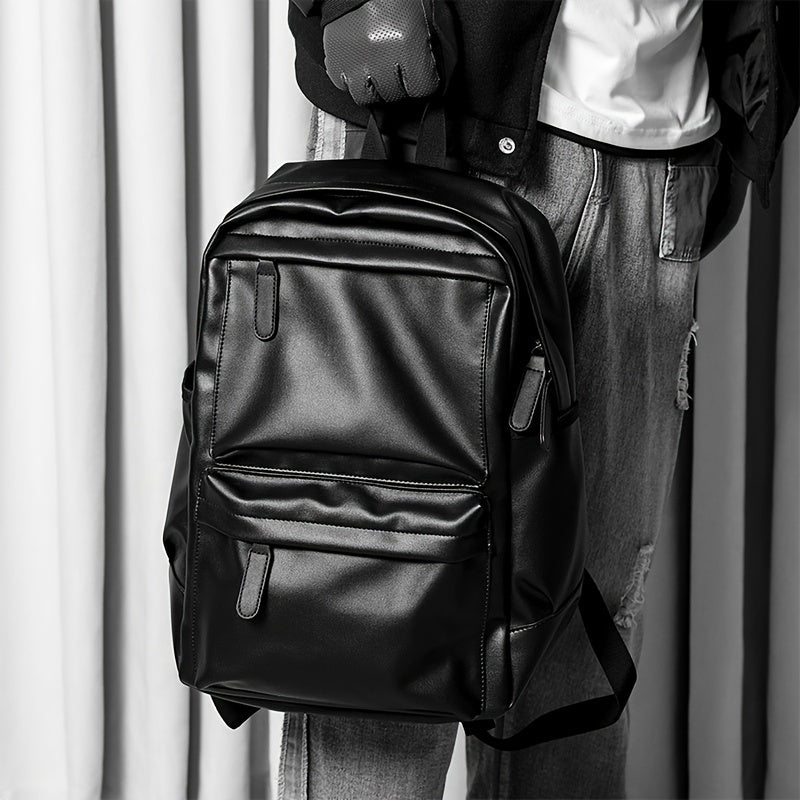 Men's Water-Repellent Black PU Backpack for Commuting