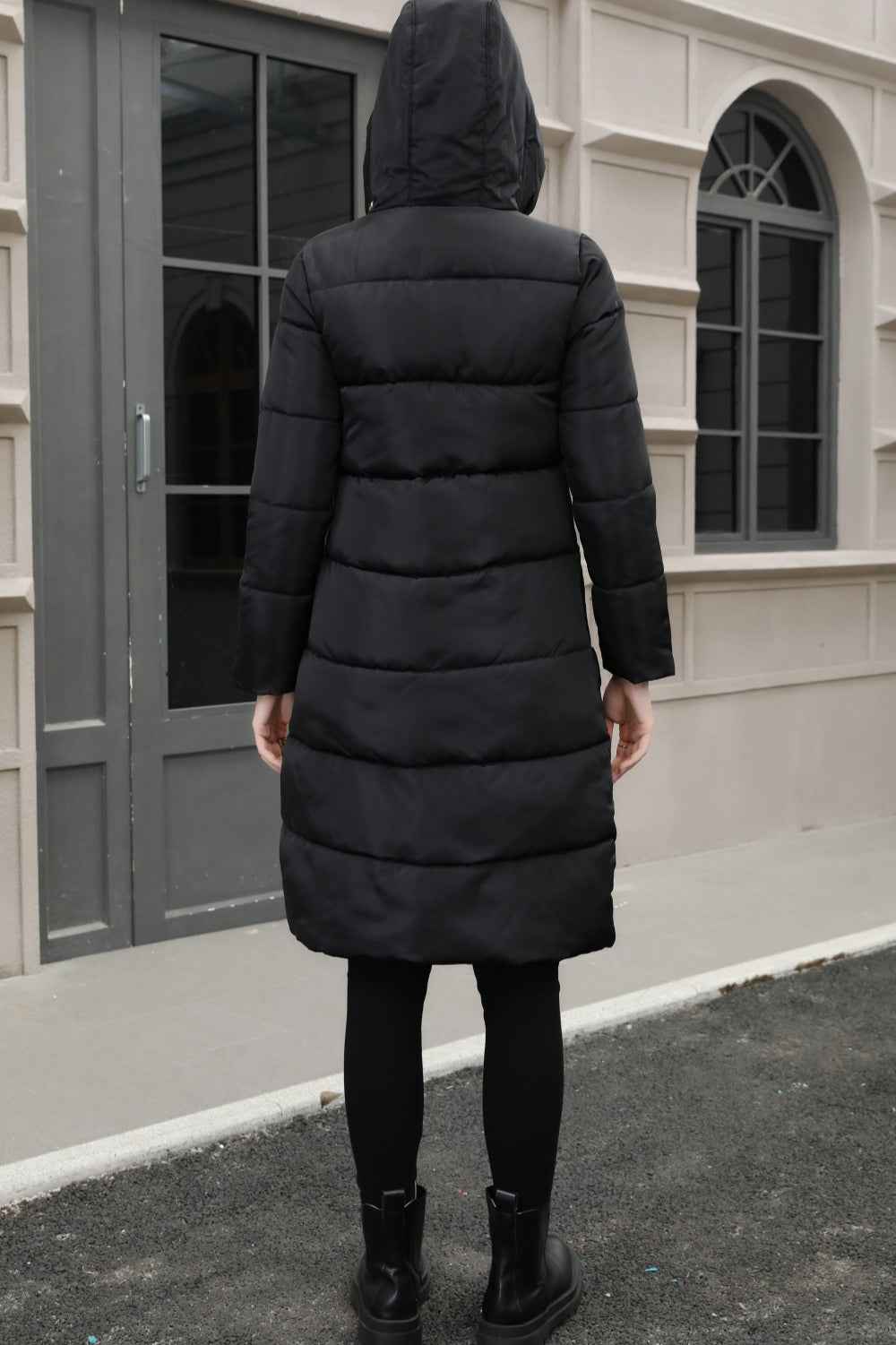 Hooded Longline Padded Jacket with Concealed Button Front