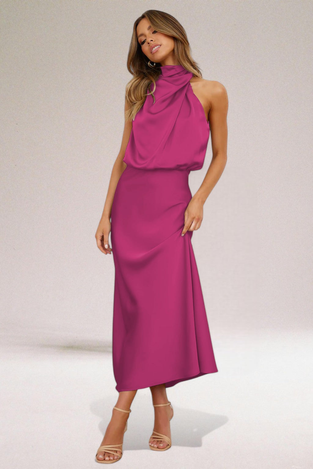 Draped Halter Neck Sleeveless Blouson Maxi Dress
