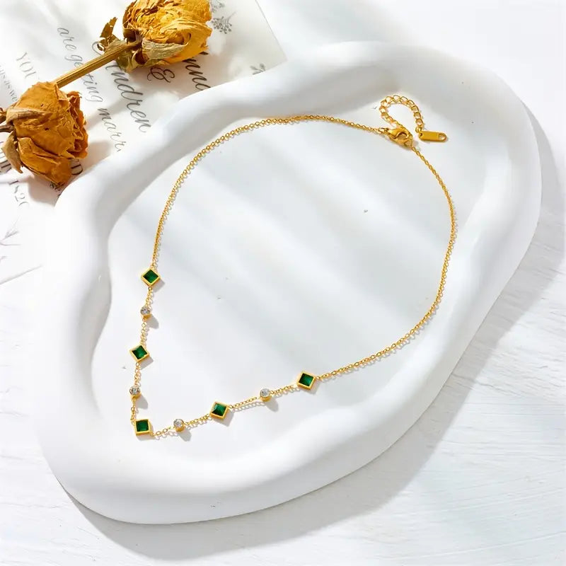 Green Clover Station Necklace in Gold Tone