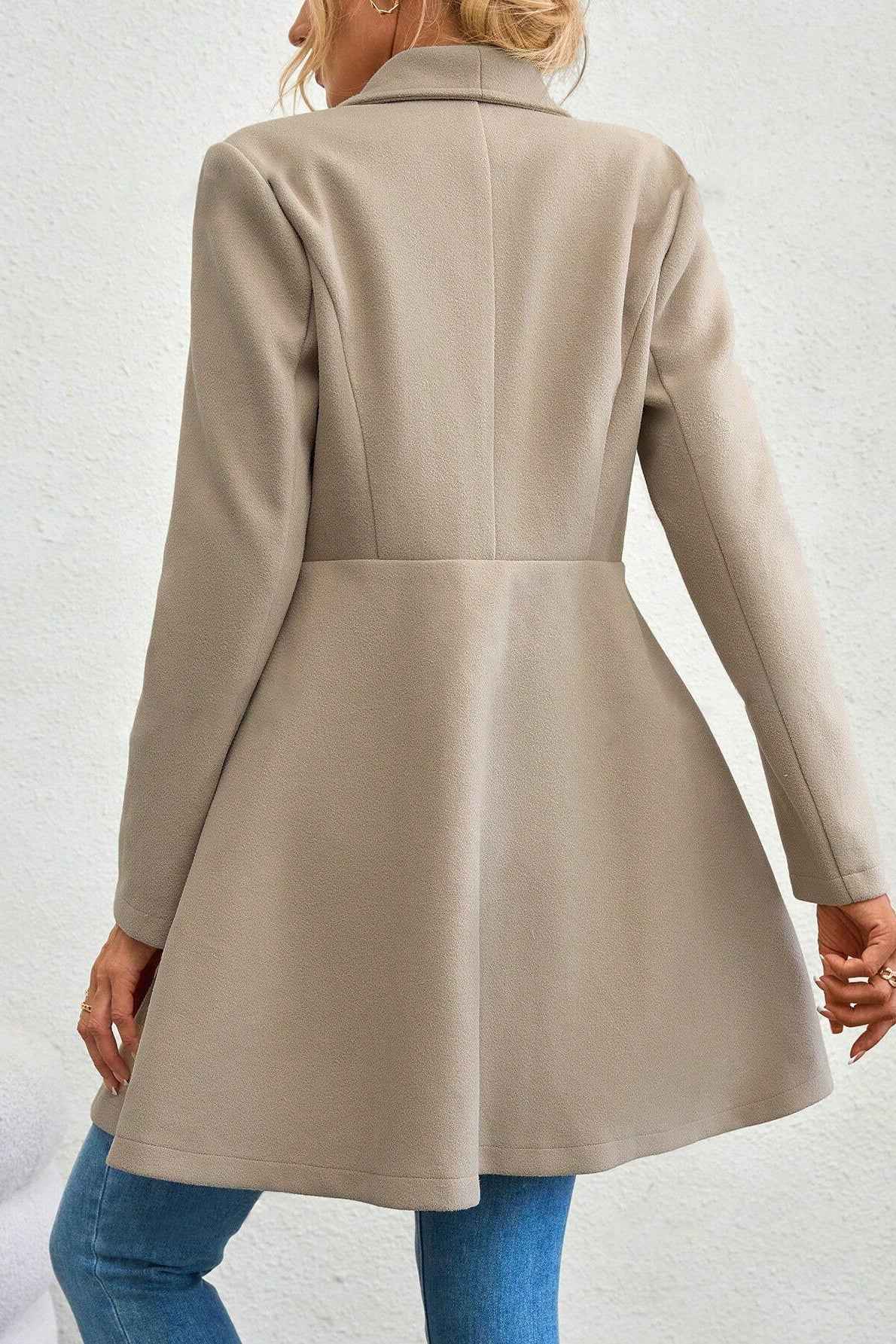 Slim Fit Longline Coat with Notched Collar and Defined Waist