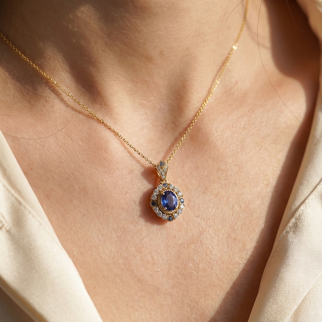 Ketting met halohanger en blauwe steen in goudkleur