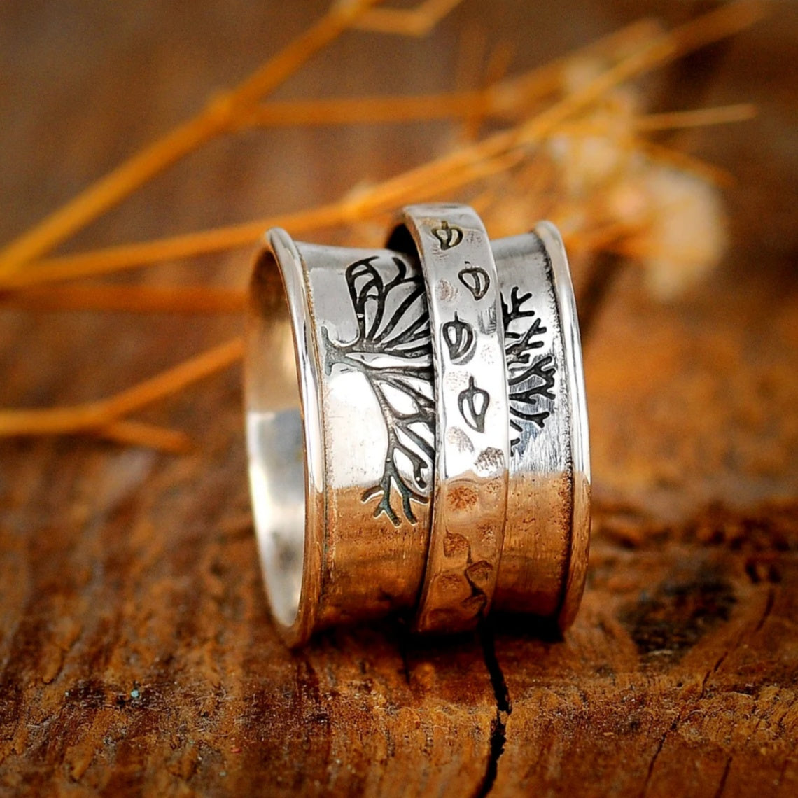Vintage-Style Hand-Carved Tree of Life Spinner Ring