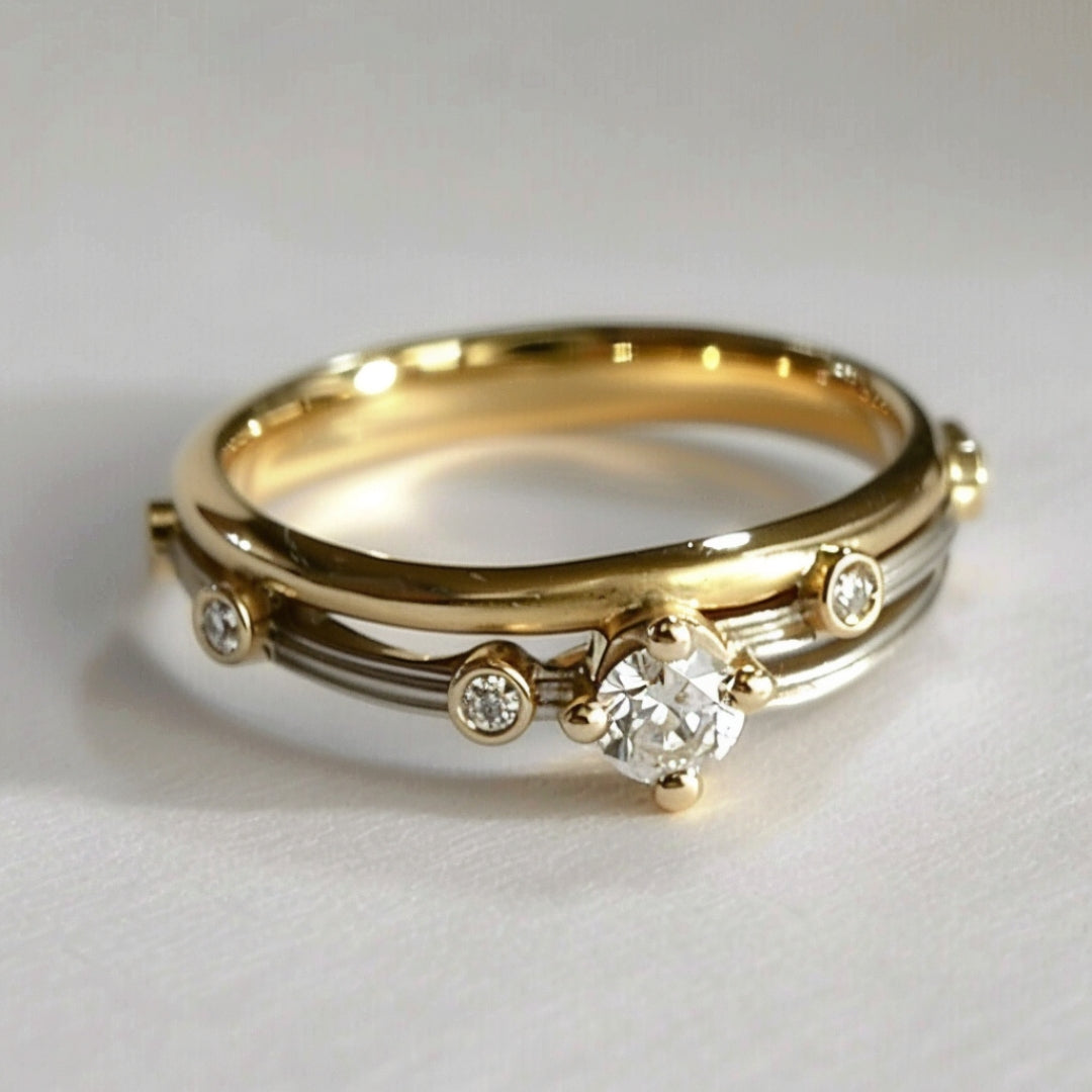Double-Band Gold-Tone Ring with Solitaire Crystal